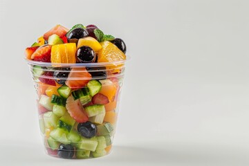 Fruit salad in to go cup on white surface