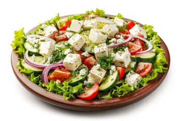 Greek salad with fresh vegetables and cheese on white background with clipping path