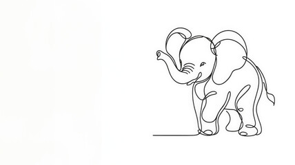 A minimalist line drawing captures a baby elephant, emphasizing its gentle form, large ears, and playful stance, all depicted through a continuous line on an isolated white background.