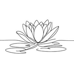 A minimalist line drawing captures the elegance of a water lily, with its floating petals and the serenity of its aquatic environment, all portrayed through a continuous line