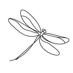 A minimalist line drawing showcases a dragonfly, focusing on its elongated body and delicate wings, all portrayed through a continuous line on an isolated white background.