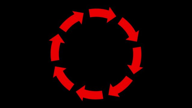 Recycling symbol or rotating cycle on black screen. Eight red arrows rotate on the black screen. Rotating arrows animation