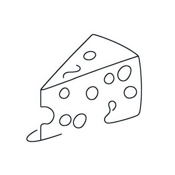 A minimalist line drawing showcases a wedge of cheese, emphasizing its triangular shape and characteristic holes, all depicted through a continuous line on an isolated white background.