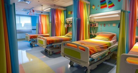Pediatric hospital ward with colorful curtains and themed beds