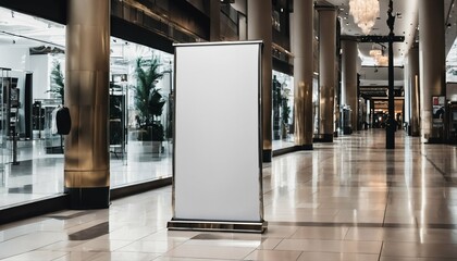 Blank roll-up poster stand mockup in shopping center environment, wide banner design with empty copy space