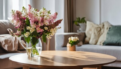 Stylish apartment interior featuring spring flowers in vase on table with morning sunrays