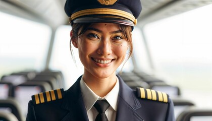 Woman pilot of a commercial aircraft confidently posing inside an airplane