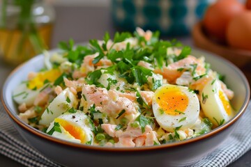 Tasty salad with boiled eggs and canned fish