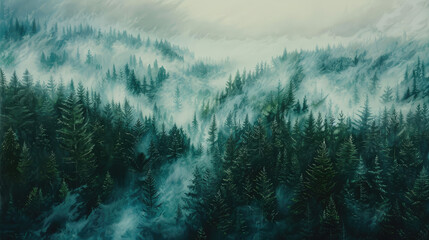 A Bird's Eye View Of A Pine Forest, Naturalism, Anamorphic Widescreen, Thick Northern Pacific Rain Forest With Low Cloud - obrazy, fototapety, plakaty