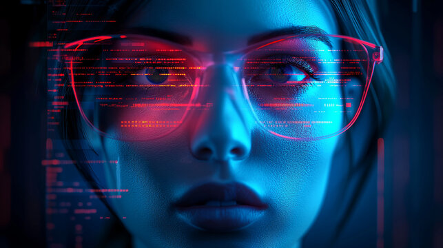 Close-Up Portrait of a Woman in Neon Glasses with Reflective Code - Cybersecurity and Technology Concept