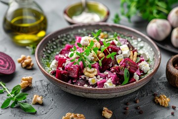 Summery goat cheese salad with beets walnuts olive oil herbs Mediterranean dishes from Spain France Turkey and Italy - obrazy, fototapety, plakaty