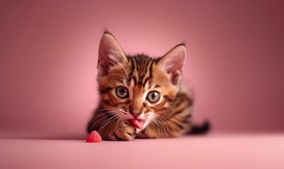A kitten of the bengal  breed  against a gray pink background, detailed realism image. Close up cute baby cat. Greeting card, banner, poster. With free place for text. Veterinary clinic,  pet shop.