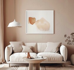 The interior of the modern bright living room is decorated in neutral tones. The color is 24 years old peach down. Light upholstered furniture, Minimalistic interior details. An image for advertising 