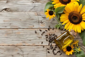 Sunflower components on wooden background top view with space for text