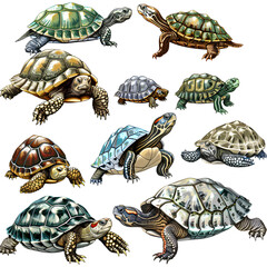 Clipart illustration featuring a various of turtle on white background. Suitable for crafting and digital design projects.[A-0002]