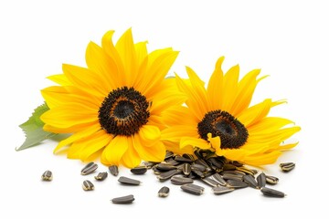 Sunflower oil with seeds and floral design White backdrop