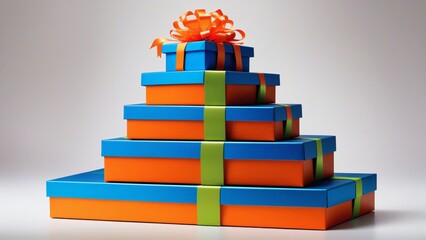 Blue and orange gift boxes with orange ribbons. 3d rendering