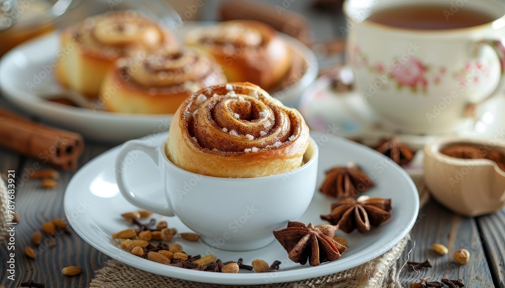 Poster tea accompanied by cinnamon rolls