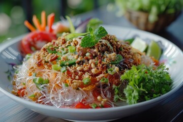 Thai clear vermicelli salad with spicy pork in white dish - obrazy, fototapety, plakaty