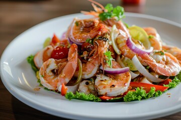 Thai water mimosa and seafood salad with spice white plate