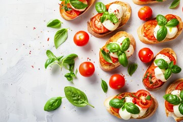 Top down view of Italian bruschetta with tomatoes mozzarella and basil on a white background Classic antipasto dish with empty space for text