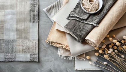 Top view of a beige and gray flat lay design with samples of textiles paint and tiles Moodboard for architects and interior designers