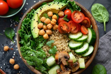 Top view of a Buddha Bowl with quinoa avocado mushrooms cucumber chickpeas spinach tomatoes and...