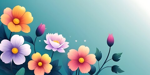 A delicate arrangement of flowers and green foliage set against a soft, gradient background. - obrazy, fototapety, plakaty