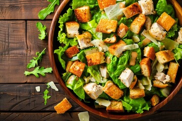 Top view of Caesar salad on wooden table with lettuce chicken and croutons - obrazy, fototapety, plakaty