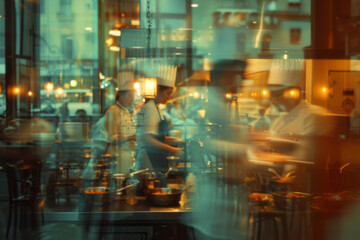 A restaurant filled with cooking chefs with soft edges and blurred details in light teal and light orange colors, embodying a decisive moment and rich layers. - obrazy, fototapety, plakaty