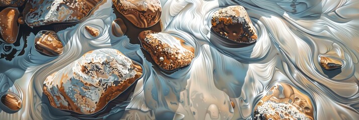 Rocks and sand submerged in water are portrayed in a lush baroque style with translucent geometries and a sun-kissed palette. - obrazy, fototapety, plakaty