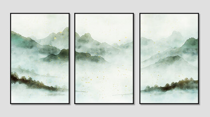 Abstract hand drawn watercolor landscape triptych, modern minimalist illustration