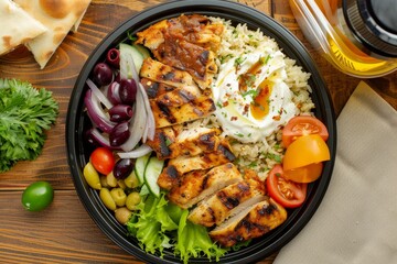 Top view of Mediterranean rice bowl with chicken shawarma hummus Greek salad olives and pita in container for takeaway