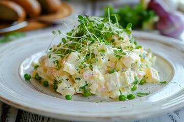 Traditional Russian Olivier salad on white plate with pea sprouts Close up shot