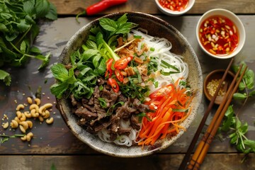 Traditional Vietnamese noodle salad with beef rice noodles herbs pickled veggies and fish sauce - obrazy, fototapety, plakaty