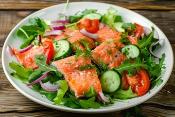 Trout in Olivier salad on white plate wooden backdrop