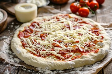 Uncooked pizza dough with toppings on a towel ready for ingredients Shot on a wooden table with flour