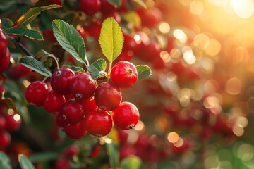 cranberry grows on a tree in the harvest garden on sunny day
