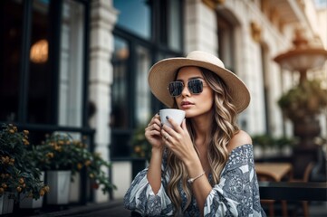 Fototapeta premium Beautiful woman in hat and sunglasses with cup of coffee in cafe