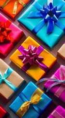 Vertical Stack of Vibrant Gift Boxes with Colorful Bows - Festive Background for Birthdays and Celebrations