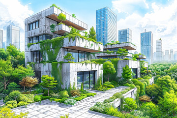 Illustration drawing of a highrise eco building development in a modern ecology conscious city with gardens and roof top plantings. - obrazy, fototapety, plakaty