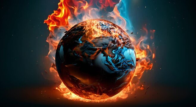 Editorial photography depicting a digital 3D globe on fire, illustrating the urgency of climate change