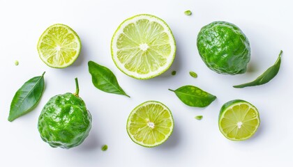 White background with circle of bergamot or kaffir slice and leaf isolated on top view