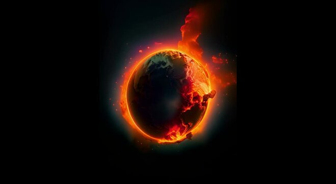 Magazine style photography of a 3D virtual globe burning, representing the impact of global warming
