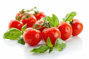 Fresh cherry tomatoes with Sweet basil leaves, isolated on white background - generative ai