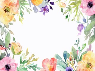 Watercolor Blank greeting card template with beautiful flowers around.