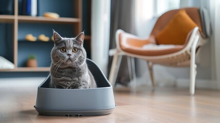 A beautiful gray British cat is defecate into a large gray triangular plastic litter box - obrazy, fototapety, plakaty