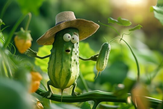 cucumber in a panama hat with arms and legs walks in the garden