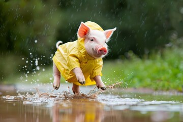 Piglet in Yellow Raincoat Splashing in Puddle