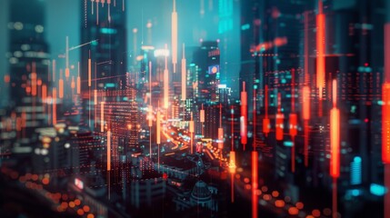 Fototapeta premium Abstract glowing big data forex candlestick chart on blurry city backdrop. Trade, technology,